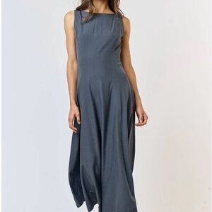 Lalavon Boat Neck Flared Charcoal Gray Midi Sleeveless Dress Special Occasion